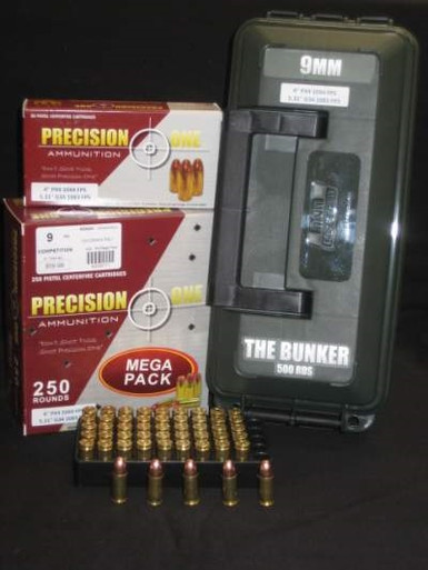 Precision One 9mm Ammunition REMAN Competition 124 Grain Full Metal Jacket Ammo Can 500 rounds