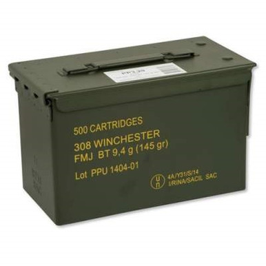 Prvi PPU 308 Win Ammunition 145 Grain Full Metal Jacket with Ammo Can 500 Rounds