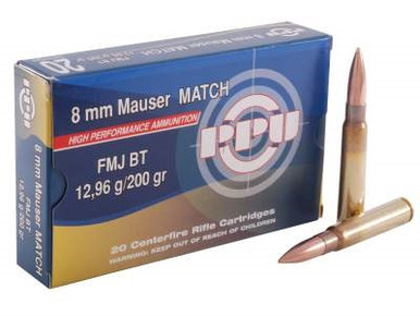 Prvi PPU 8mm Mauser Match Ammunition PP813 200 Grain Full Metal Jacket 20 Rounds