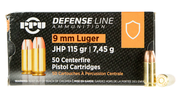 Prvi PPU 9mm Luger Ammunition Defense PPD91 115 Grain Jacketed Hollow Point 50 Rounds