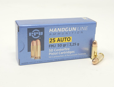 Prvi PPU 25 ACP Ammunition PPH25 50 Grain Full Metal Jacket 50 Rounds