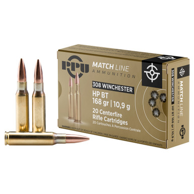 PPU Match 308 Winchester 168 Grain Boat Tail Hollow Point - 20 Round Box