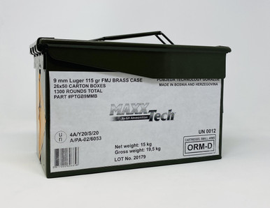 MaxxTech 9mm Luger Ammunition PTGB9MMB 115 Grain Full Metal Jacket CAN 1300 Rounds