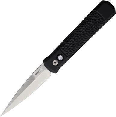 ProTech 925 Godfather AUTO Folding Knife - 4" 154CM Satin Plain Blade, Black Battleworn Jigged Aluminum Handles