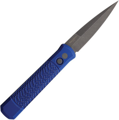ProTech 926 Godfather AUTO Folding Knife - 4" 154CM Acid Washed Plain Blade, Blue Battleworn Jigged Aluminum Handles