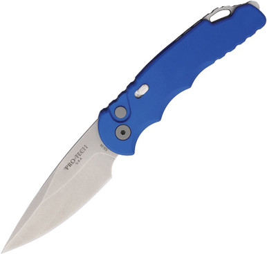 ProTech TR-5 AUTO Folding Knife - 3.25" S35VN Stonewashed Plain Blade, Blue Aluminum Handles - T501-BLUE