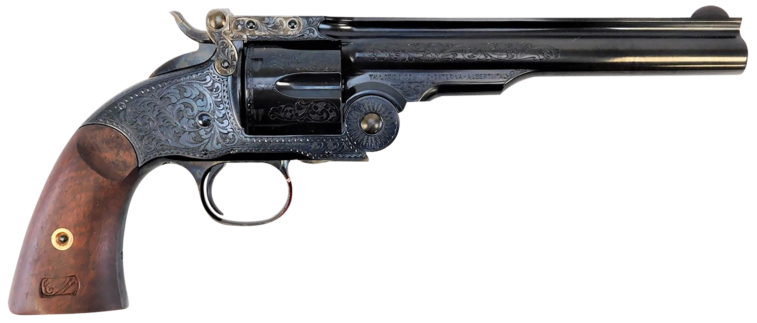 Taylors Schofield Top Break Revolver 550644, 45 Colt, 7", Walnut Grips, Blued Engraved Finish, 6 Rds