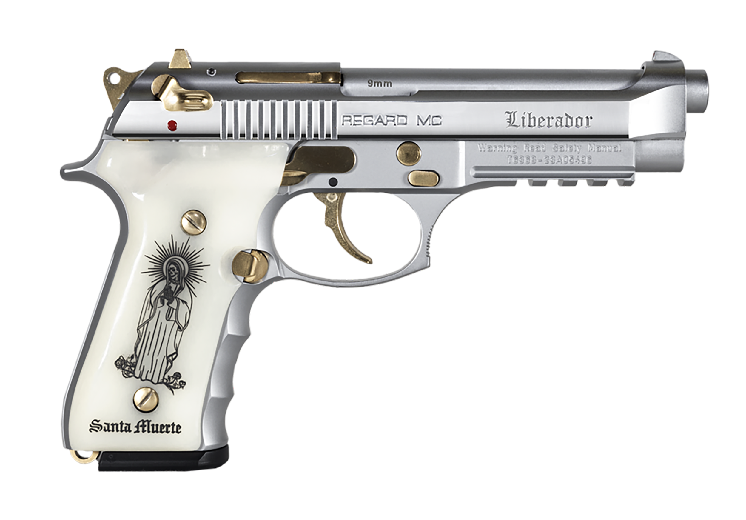 EAA Regard MC Liberador Pistol 391088, 9mm Luger, 4.90in, Pearl Engraved w/Santa Muerte, Chrome w/Gold Accents Finish, 18 Rds
