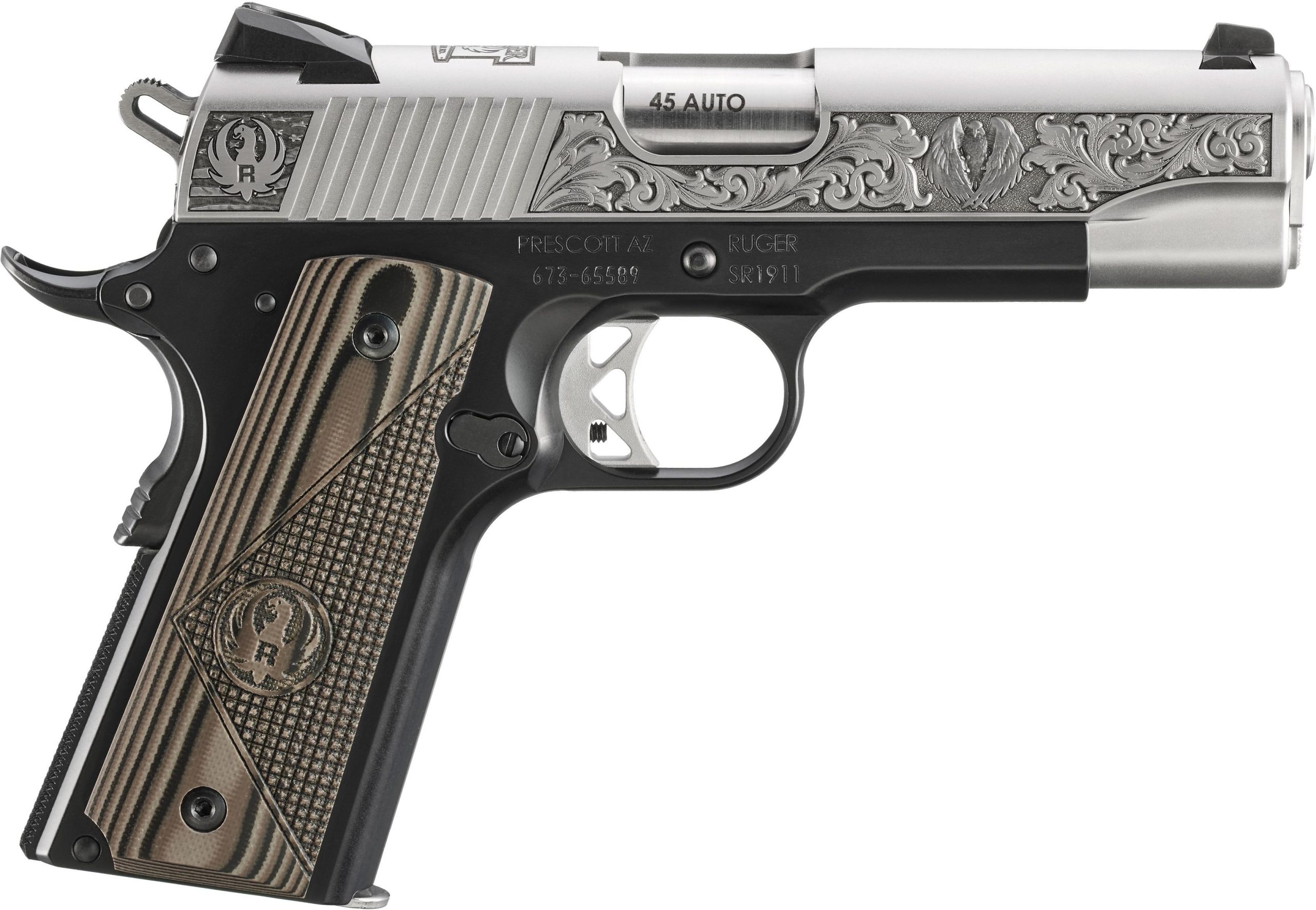 Ruger SR1911 Prescott, AZ Edition Pistol 16703, 45 ACP, 4.25in, Black/Brown Deluxe Checkered G10, Black Anodized Finish, 7 Rds