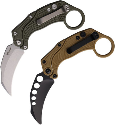 Reate Knives EXO-K Button Lock Gravity Karambit - 3.13" Bohler N690 Satin Blade, Textured Green Aluminum Handles, Includes Trainer
