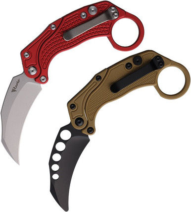 Reate Knives EXO-K Button Lock Gravity Karambit - 3.13" Bohler N690 Satin Blade, Textured Red Aluminum Handles, Includes Trainer