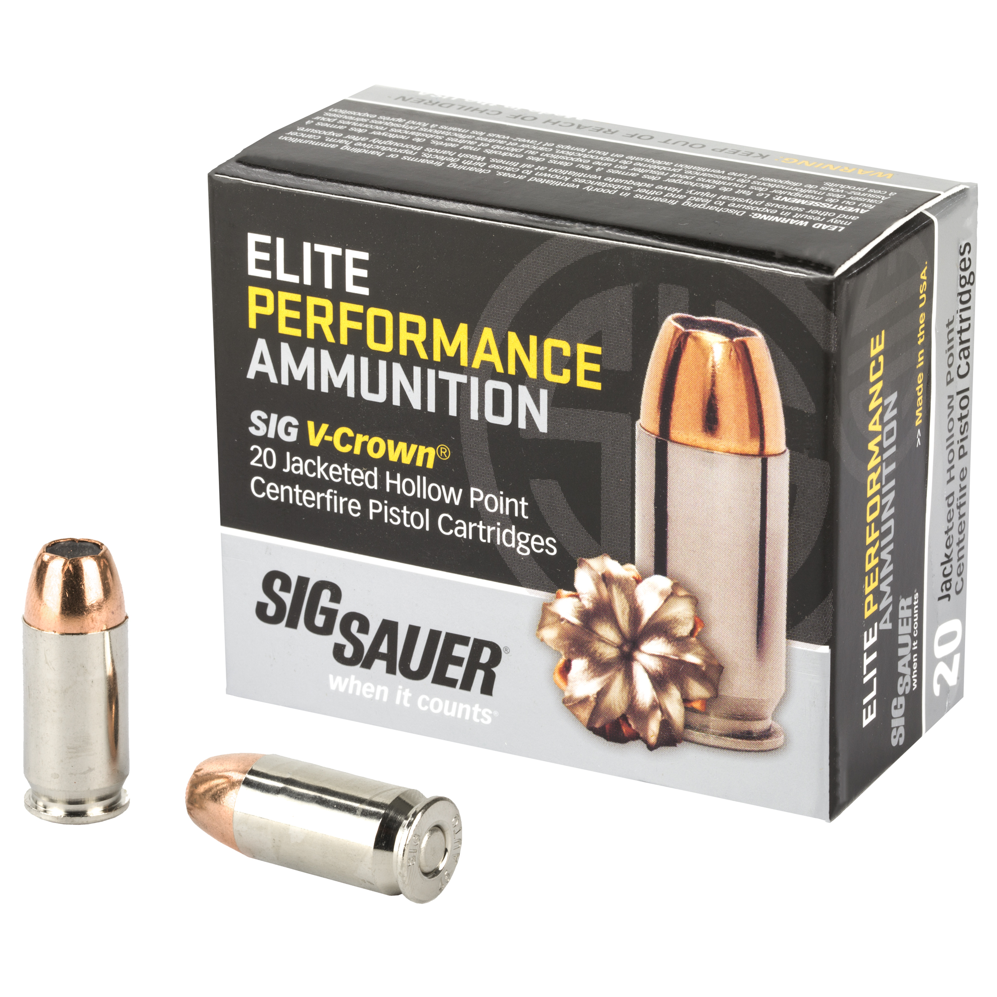 Sig Sauer Elite Performance 45 Auto / ACP Ammo 200 grain V-Crown JHP Case of 200 Rounds E45AP1-20