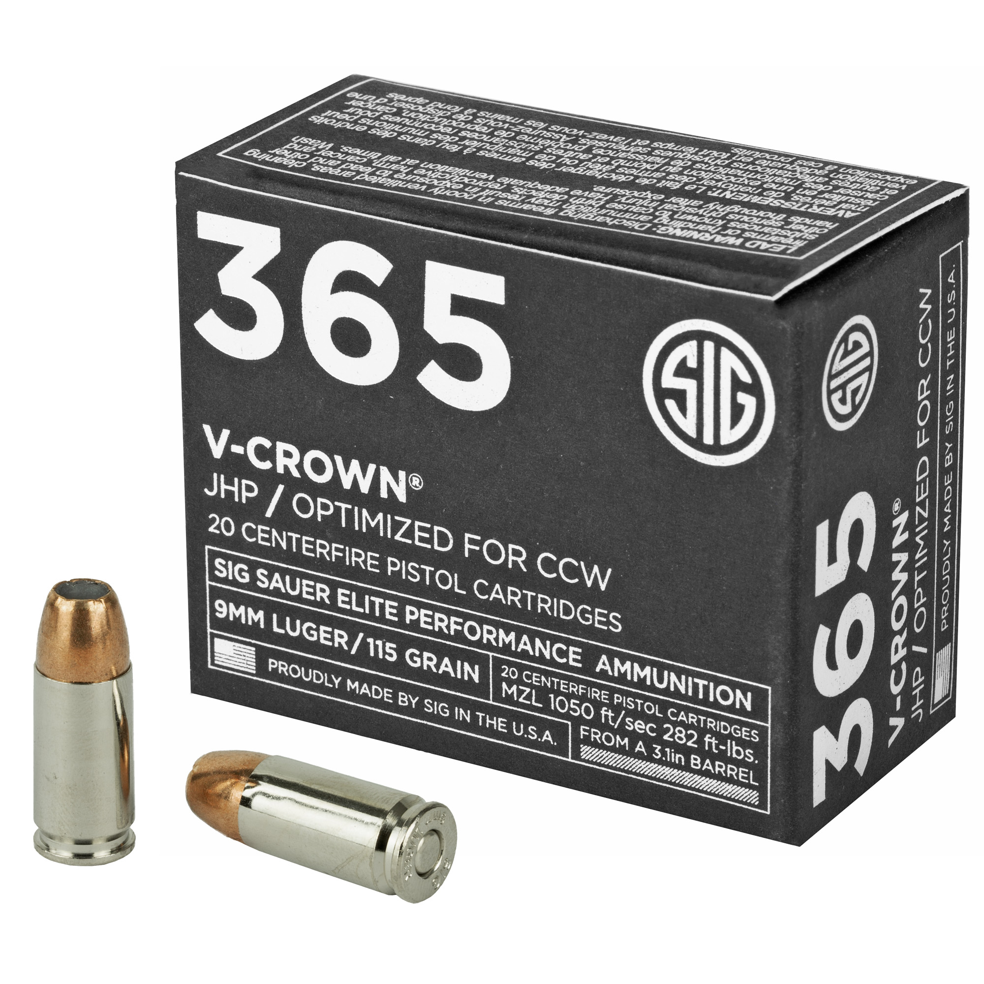Sig Sauer Elite Performance 365 9mm Luger Ammo 115 grain V-Crown JHP Case of 200 Rounds E9MMA1-365-20