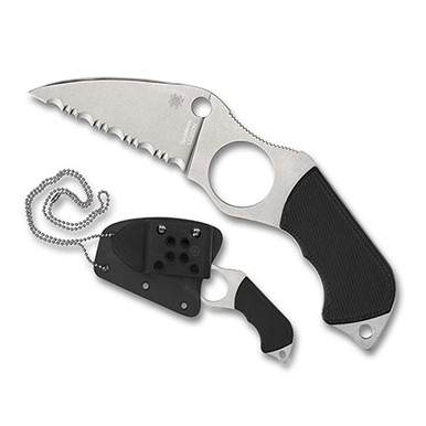 Spyderco Swick 6 Small Hole Fixed Blade Neck Knife - 2.73" LC200N Wharncliffe Serrated Blade, Black G10 Handles, Boltaron Sheath with G-Clip - FB14S6