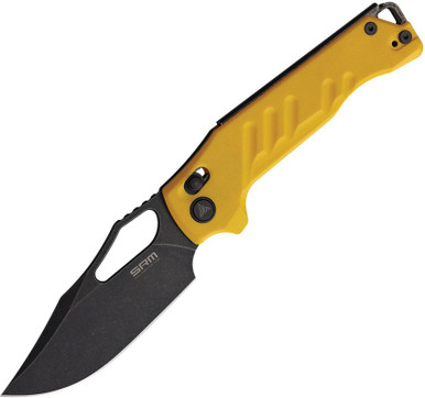 SRM Knives 238X Folding Knife - 3.62" D2 Black Stonewash Blade, Yellow G10 handle, Mono Chasis, Axis Lock