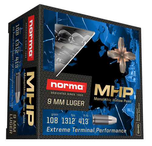 Norma MHP 9mm, 108gr, Monolithic Hollow Point, 20rd Box