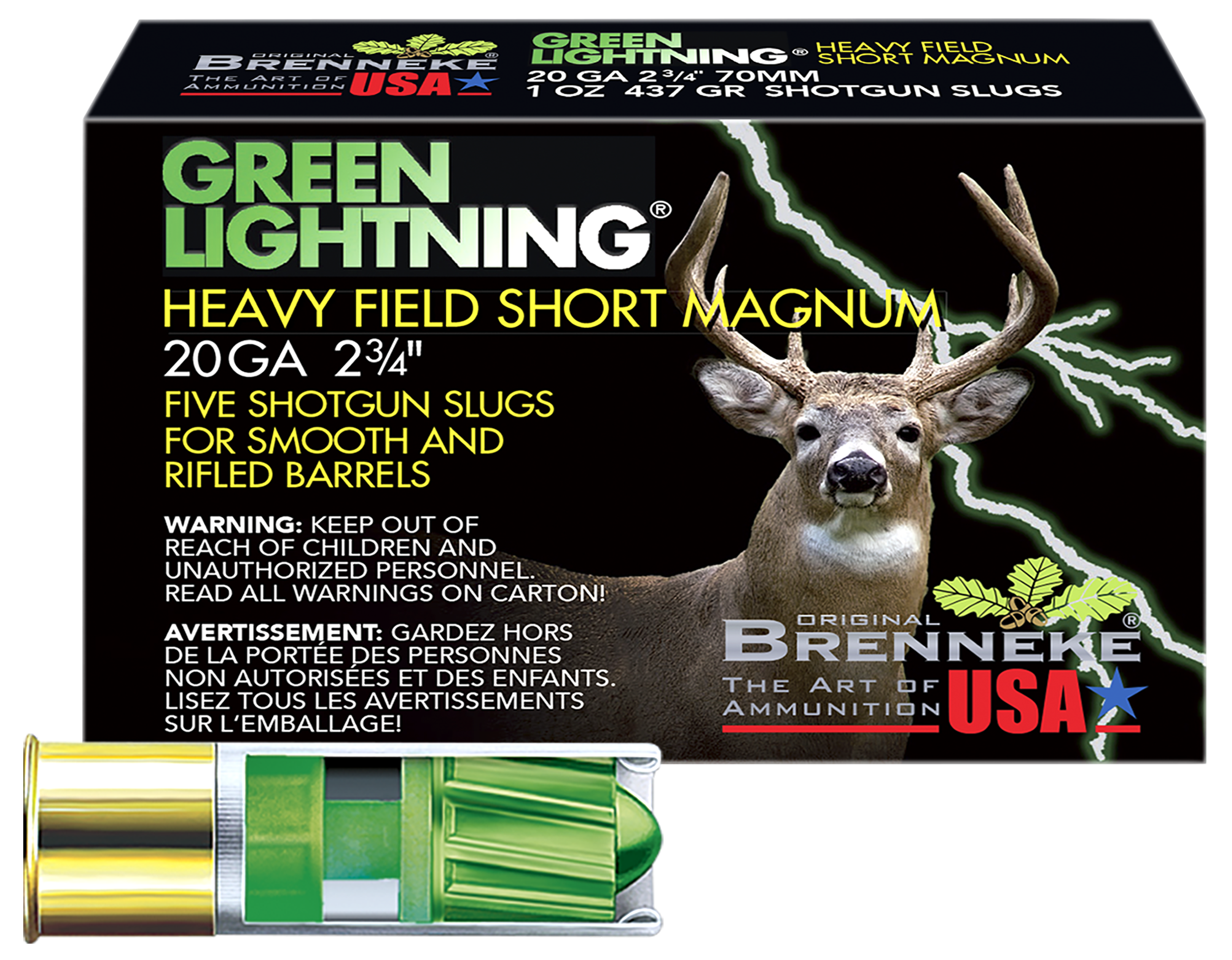 Brenneke Green Lightning Heavy Field Short Mag Shotshells SL202HFSGL, 20 Gauge, 2-3/4", 1 oz, 1392 fps, Slug, 5 Rds/box