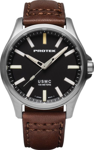 ProTek PT3101 Titanium Field Watch USMC - 40mm Case, Black Dial, Dark Brown Leather Strap