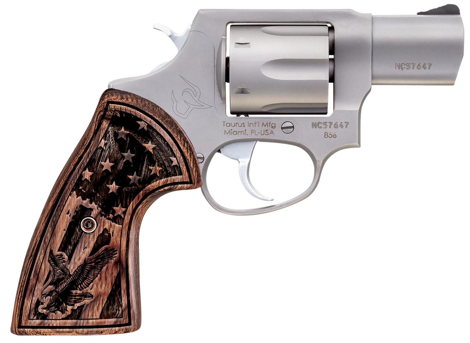 Taurus 856 Revolver 285629US1, 38 Special +P, 2", USA Flag Walnut Grips, Matte Black Finish, 6rd