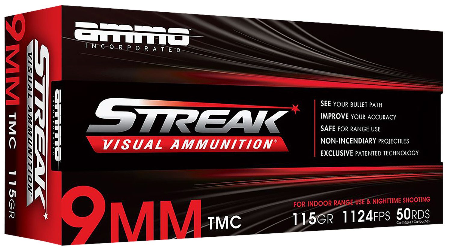 Ammo Inc Streak Visual (RED) Self Defense Pistol Ammunition 9115TMCSTRKRED50, 9mm Luger, Total Metal Case, 115GR, 1124fps, 50 Rd/bx