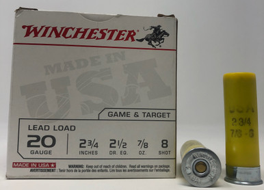 Winchester 20 Gauge Ammunition 2 3/4" 7/8 oz #8 shot USA208 1200fps 25 rounds