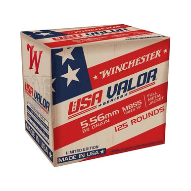 Winchester USA Valor Series 5.56x45mm M855 Ammunition USA855125 62 Grain Full Metal Jacket Green Tip 125 Rounds