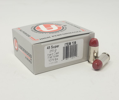 Underwood 45 Super Ammunition UW728 255 Grain Hard Cast Flat Nose 20 Rounds