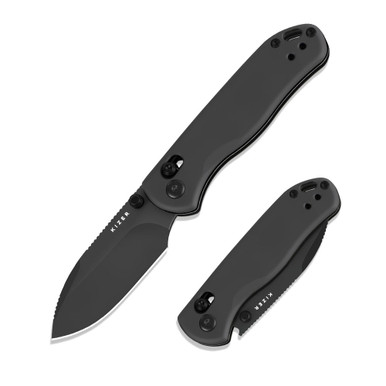 Kizer Knives Drop Bear 2 Clutch Lock Folding Knife - 2.84" Nitro-V Matte Black DLC Drop Point Blade, Black Aluminum Handles, Reversible Clip - V3619.2KD2