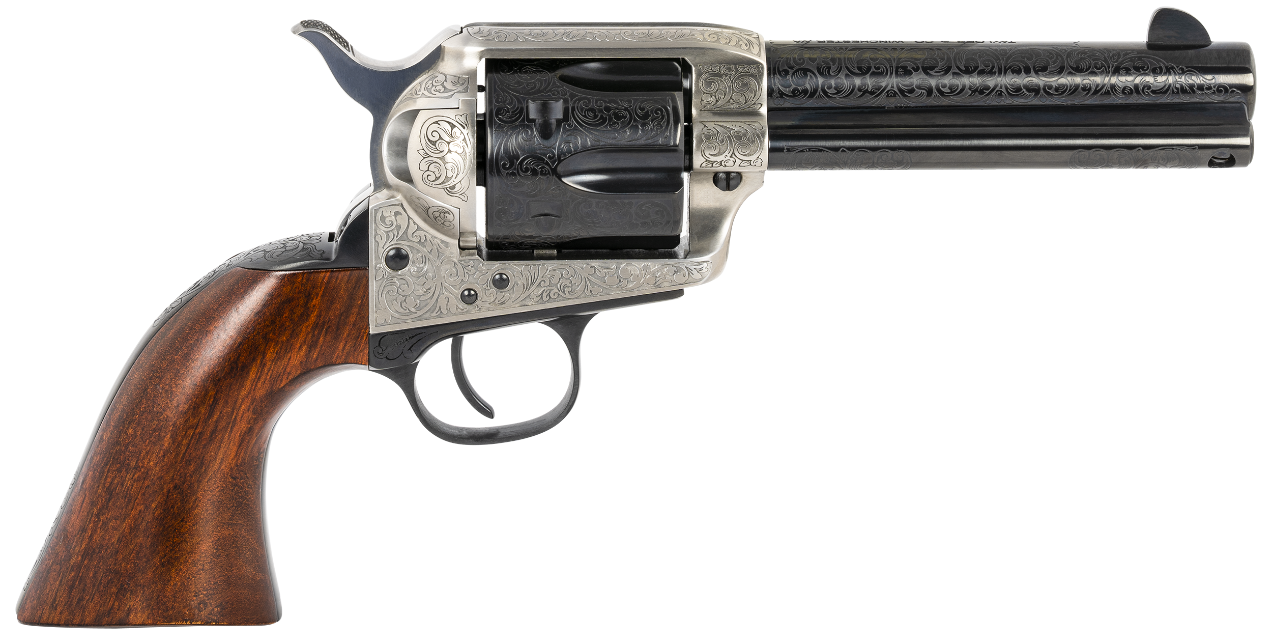Taylors 1873 Cattleman Revolver 550924, 357 Mag, 4.75", Walnut Grips, Coin Photo Engraved Finish, 6 Rds