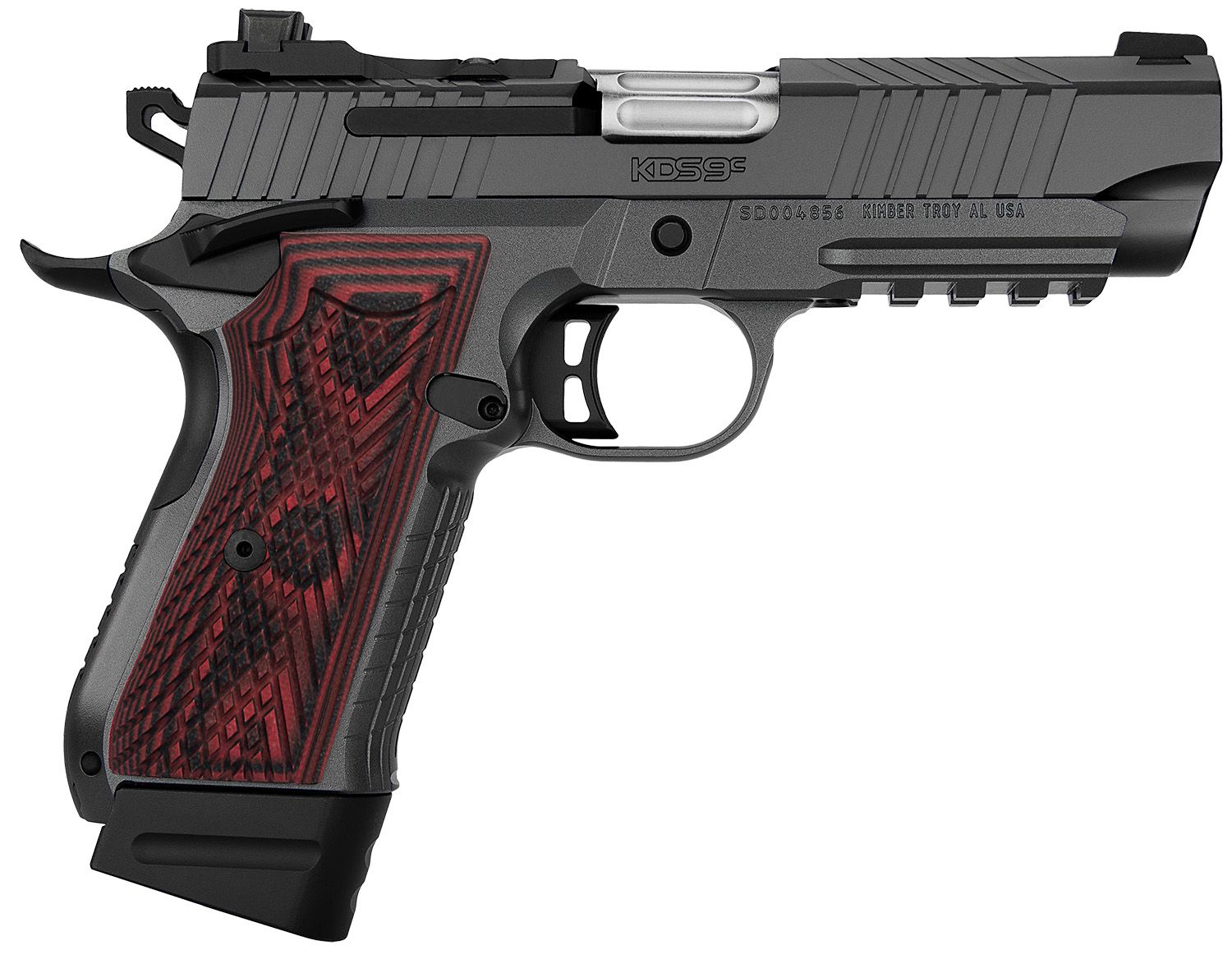 Kimber KDS9C Rail Optic Ready Pistol 3100024, 9mm Luger, 4.09in, nc 3100024 KDS9C Rail 9mm 15+1 18+1 4.09" KimPro Gray Red/Black Front and Rear Serrations Stainless Steel Black Crosshatch cut G-10 Gri
