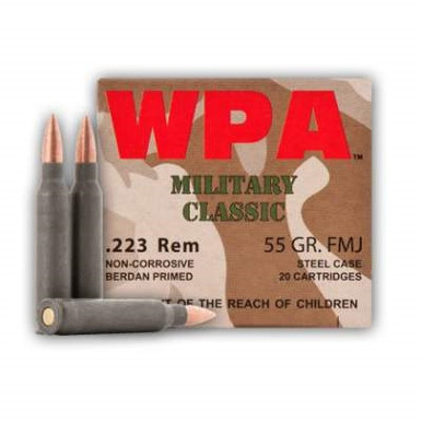 Wolf 223 Rem Ammunition Military Classic MC223FMJ55 55 Grain Full Metal Jacket Steel Cased 20 Rounds