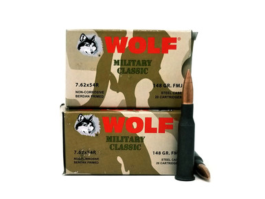 Wolf 7.62x54mm Rimmed Russian Ammunition Military Classic 148 Grain Full Metal Jacket Steel Case 500 Rounds
