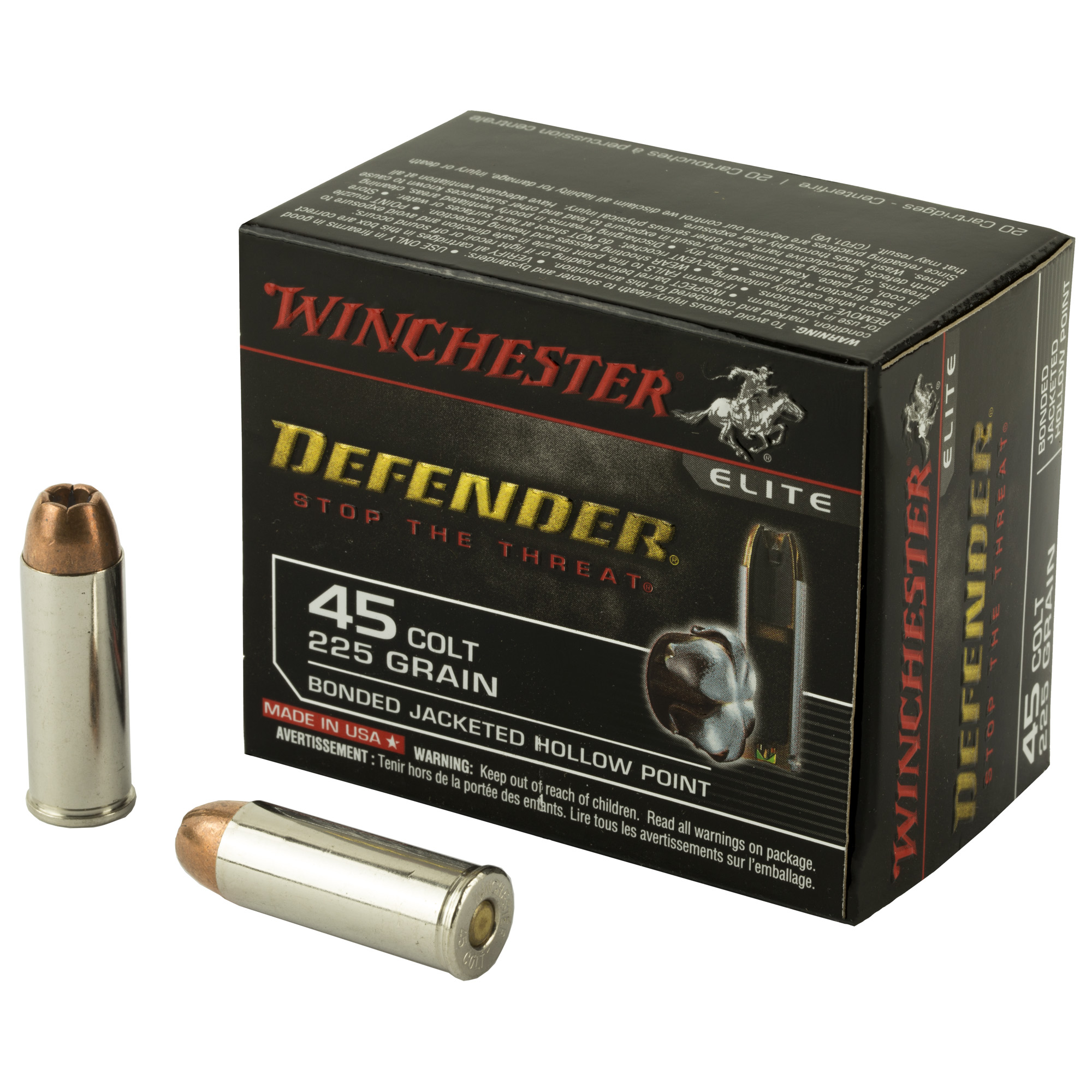 Winchester Elite Defender 45 Colt 225 Grain Bonded Jacketed Hollow Point Box of 20 Rounds S45CPDB