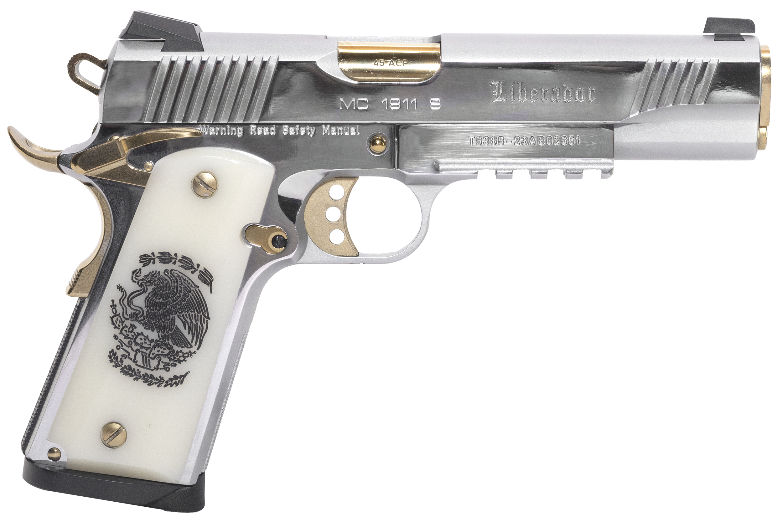 EAA Regard Liberador II Pistol 391053, 9mm Luger, 5in, Pearl Like w/Mexican Coat Of Arms, Stainless w/Gold Controls Finish, 9 Rds