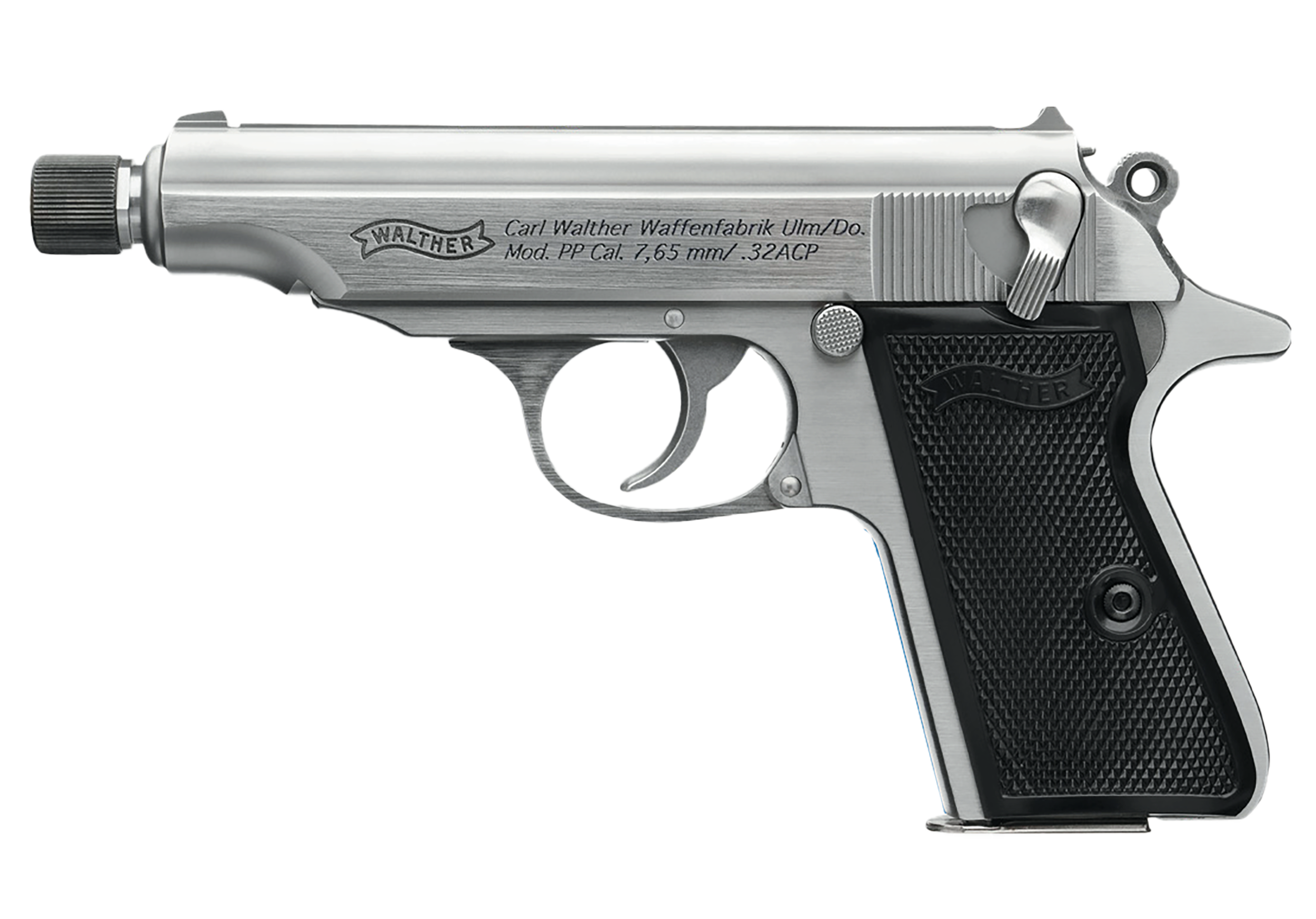 Walther PP SD Pistol 4796062, 32 ACP, 3.90in, Black Polymer Grips, Stainless Finish, 8 Rds