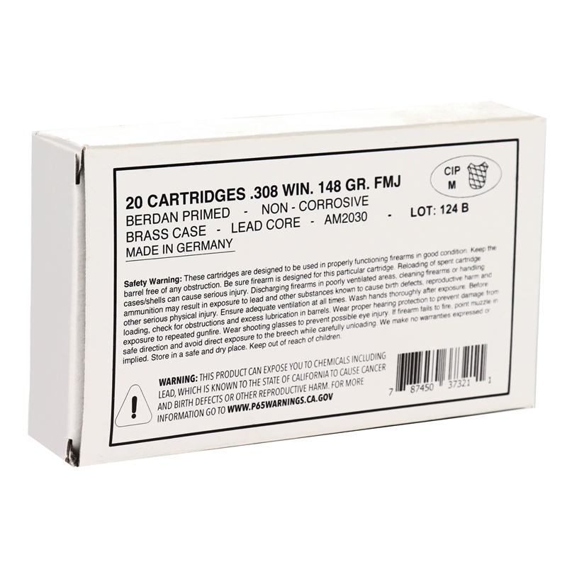 German Military Surplus .308 Win. 148gr. FMJ 20rd Box Brass #AM2030