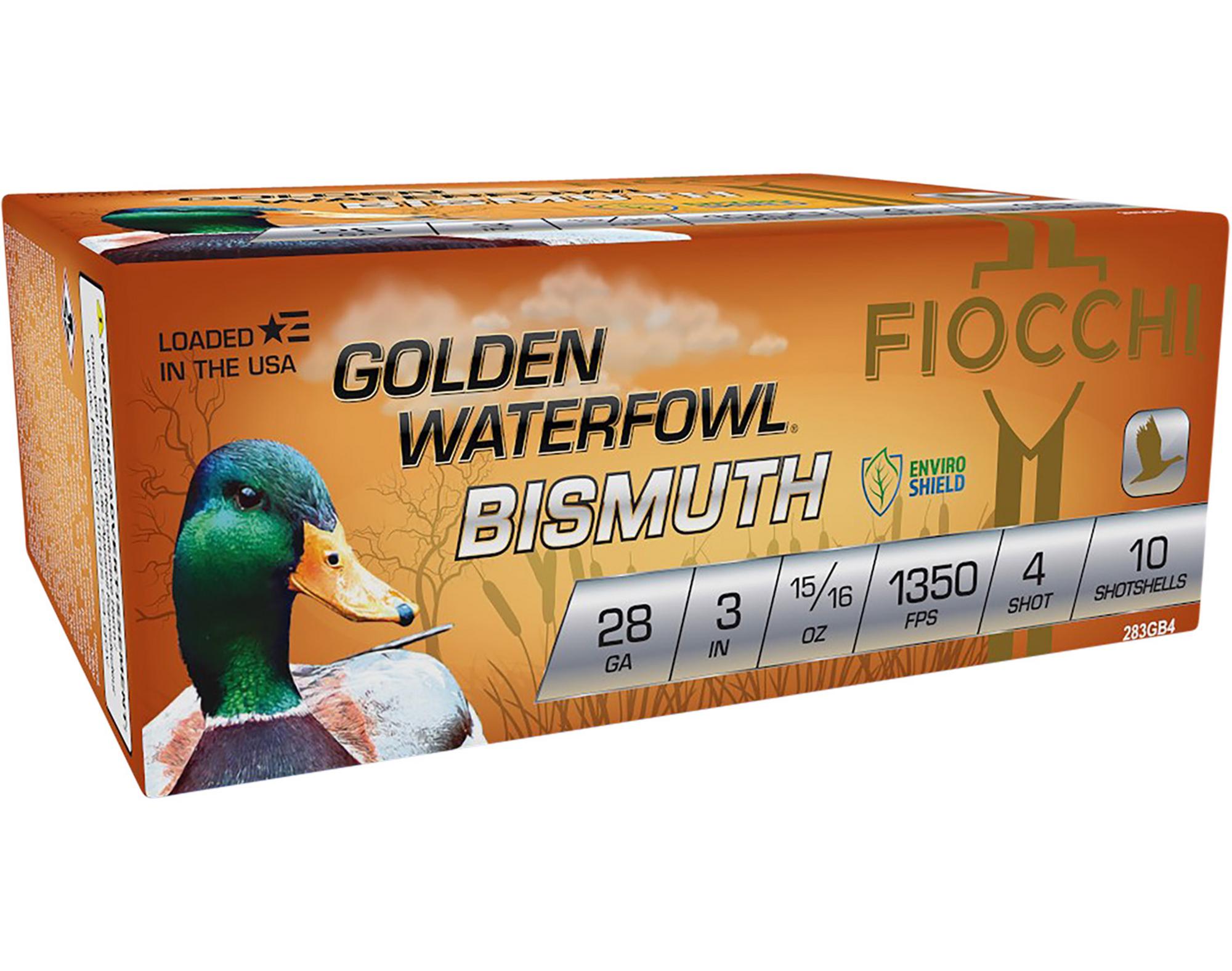 Fiocchi Golden Waterfowl Bismuth Shotshells 283GB4, 28 Gauge, 3", 15/16 oz, 1350 fps, #4 Steel , 10 Rds/box