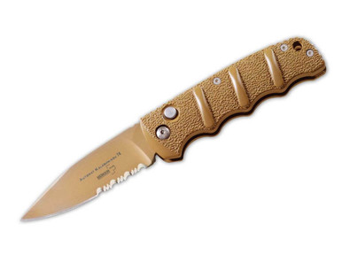 Boker Kalashnikov KALS74 Automatic Knife - 3.25" D2 Satin Drop Point Combo Blade, Desert Tan Aluminum Handle