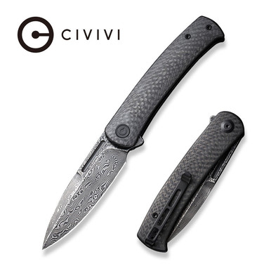 CIVIVI Knives Caetus Liner Lock Flipper Knife - 3.48" Damascus Spear Point Blade, Twill Carbon Fiber Handles - C21025C-DS1