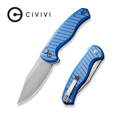 CIVIVI Knives Stormhowl Button Lock Flipper Knife - 3.3" Nitro-V Satin Clip Point Blade, Machined Bright Blue Aluminum Handles with Satin Flats - C23040B-2