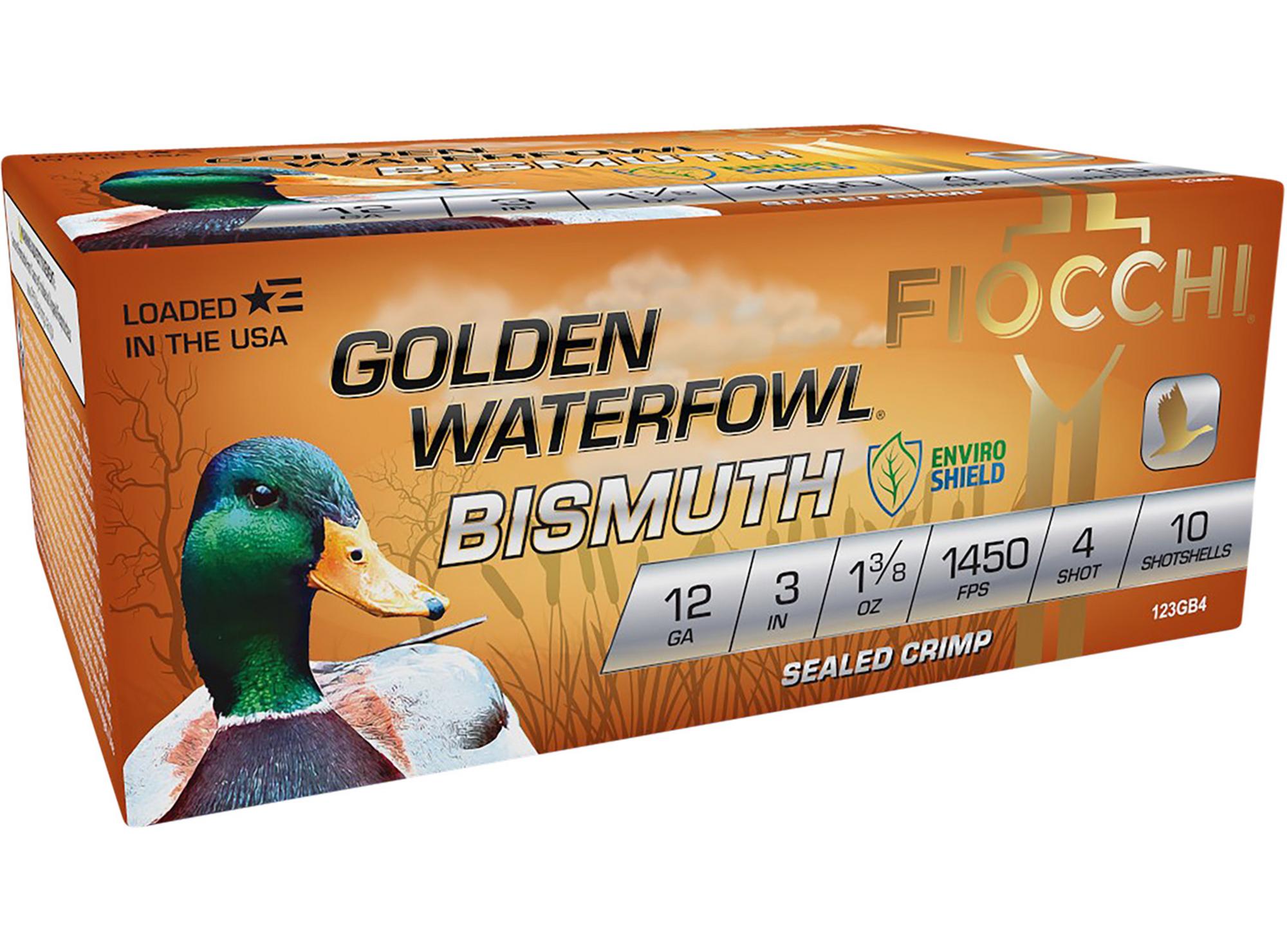 Fiocchi Golden Waterfowl Bismuth Shotshells 123GB4, 12 Gauge, 3", 1 3/8 oz, 1450 fps, #4 Steel Shot, 10 Rds/box