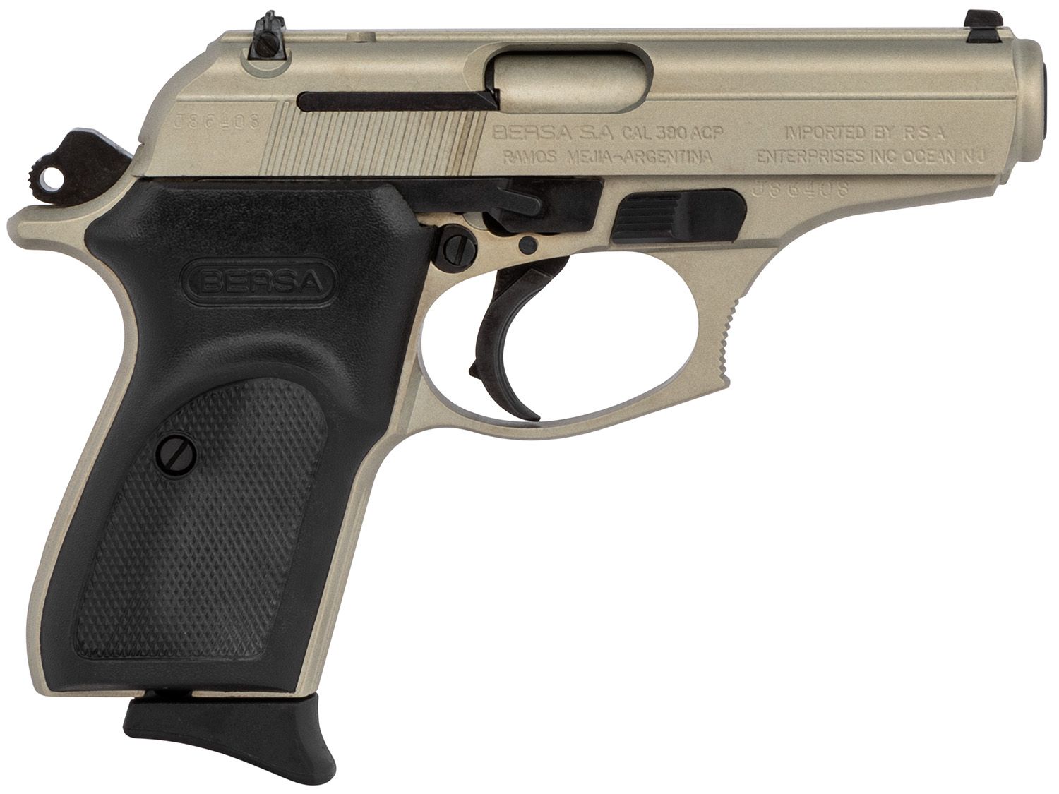 Bersa Thunder 380 Pistol T380NKL8, 380 ACP, 3.50in, Black Textured Polymer, Satin Nickel Finish, 8 Rds