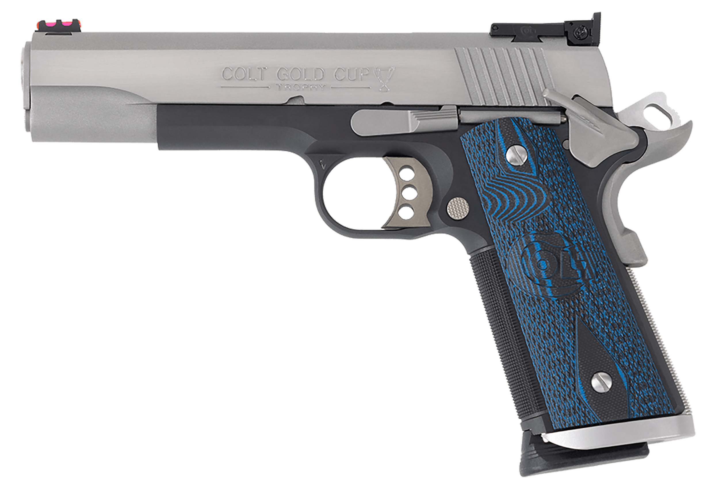 Colt 1911 Government Gold Cup Pistol O5970XETT, 45 ACP, 5", Black/Blue G10 Grip, Stainless Finish, 8 Rds