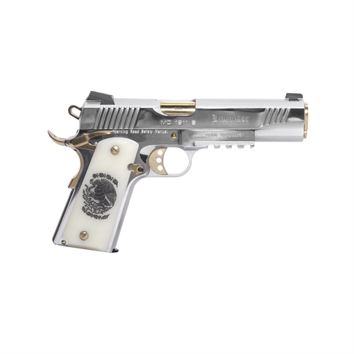 Girsan MC1911S Liberador, Semi-automatic, 1911, Metal Frame Pistol , Full Size, 38 Super, 5" Barrel, Polished Stainless Finish, Silver, Gold Accents, Engraved White Ivory Grips, Extended Beavertail, Accessory Rail, Tactical Rear Sight, Fixed Front Sight, 1