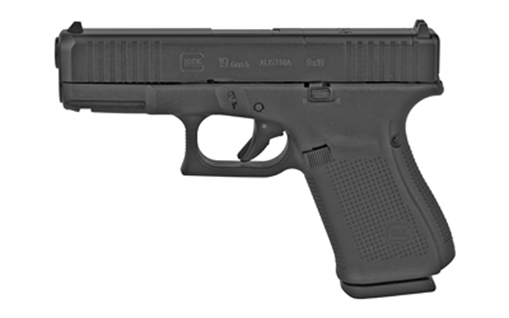 GLOCK 19 Gen 5 M.O.S., Striker Fired, Semi-automatic, Polymer Frame Pistol, Compact, 9MM, 4.02" Barrel, nDLC Finish, Black, Fixed Sights, 15 Rounds, 2 Magazines, Right Hand G19515MOSAUT