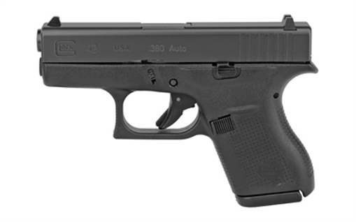 GLOCK 42, Striker Fired, Semi-automatic, Polymer Frame Pistol, Sub-Compact, 380 ACP, 3.25" Barrel, Matte Finish, Black, Fixed Sights, 6 Rounds, 2 Magazines, Right Hand G42US