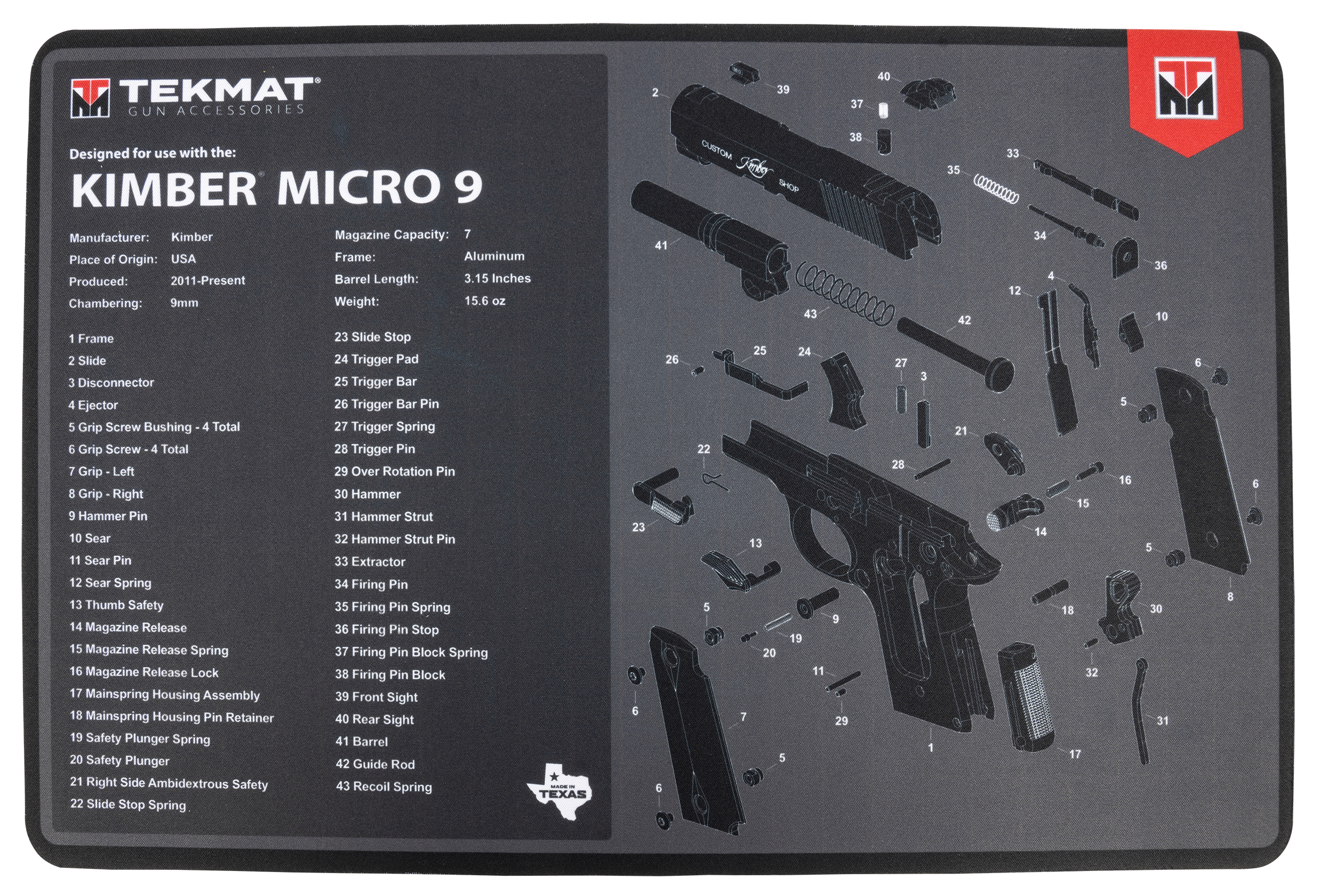TekMat Kimber Micro 9 Cleaning Mat 11"x17" Black/Gray Rubber