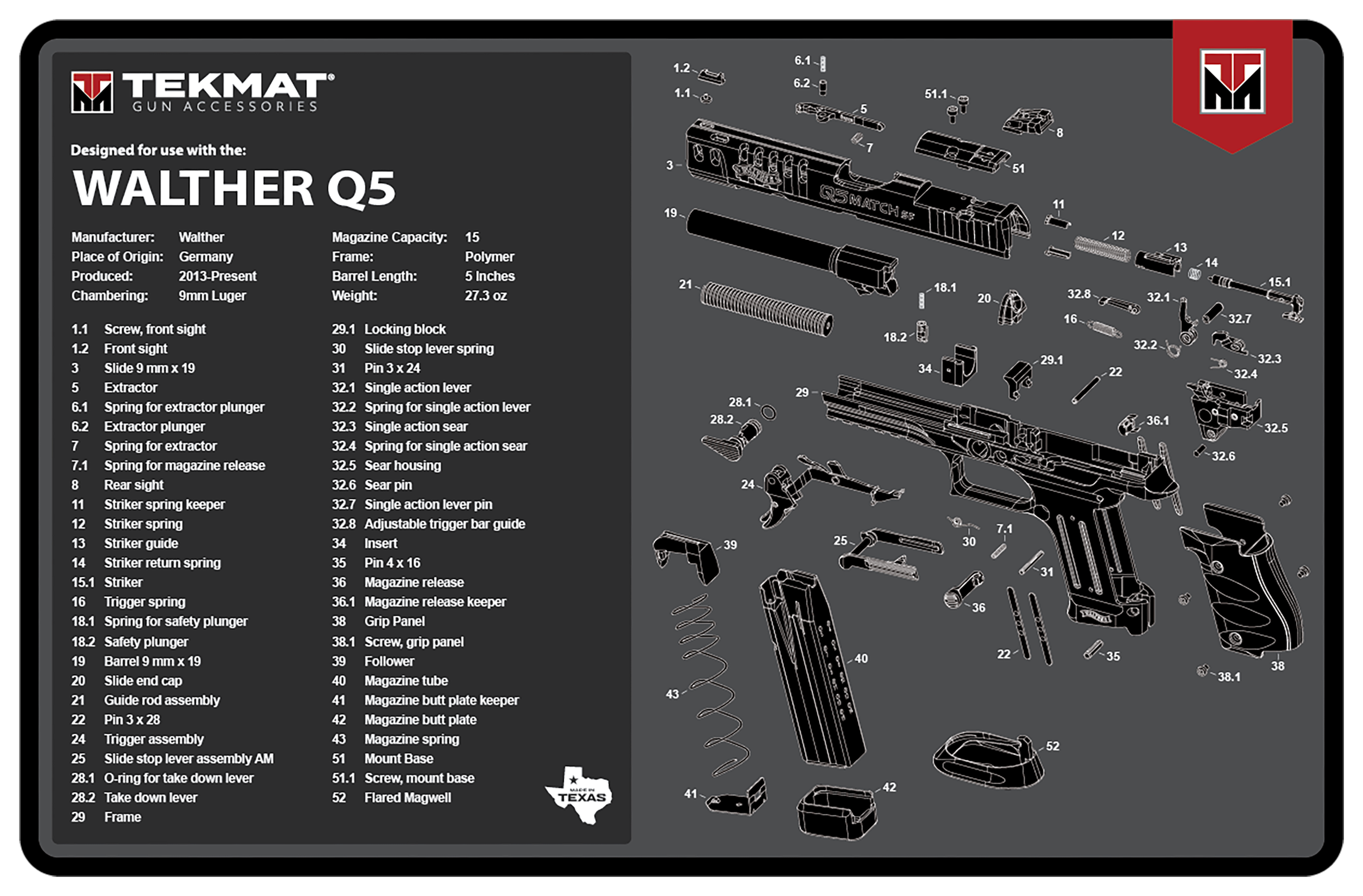 TekMat Walther Q5 SF 11" x 17" Pistol Cleaning Mat - Black/Gray