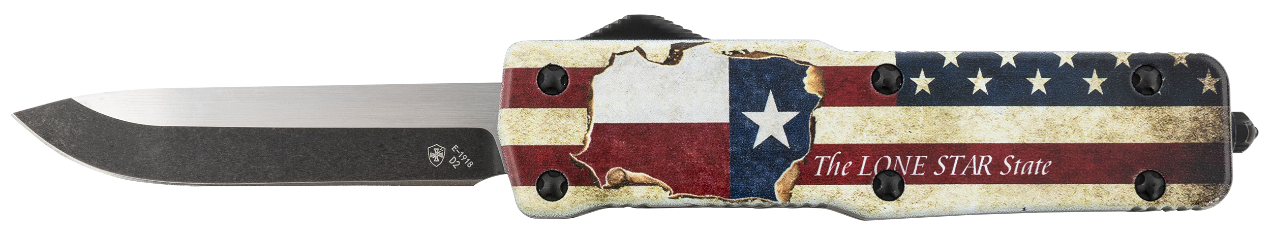 Templar Knife SZTX321 Premium Weighted Texan Small 3" OTF Drop Point Plain D2 Steel Black Oxide Stonewashed Red/White/Blue Aluminum Handle