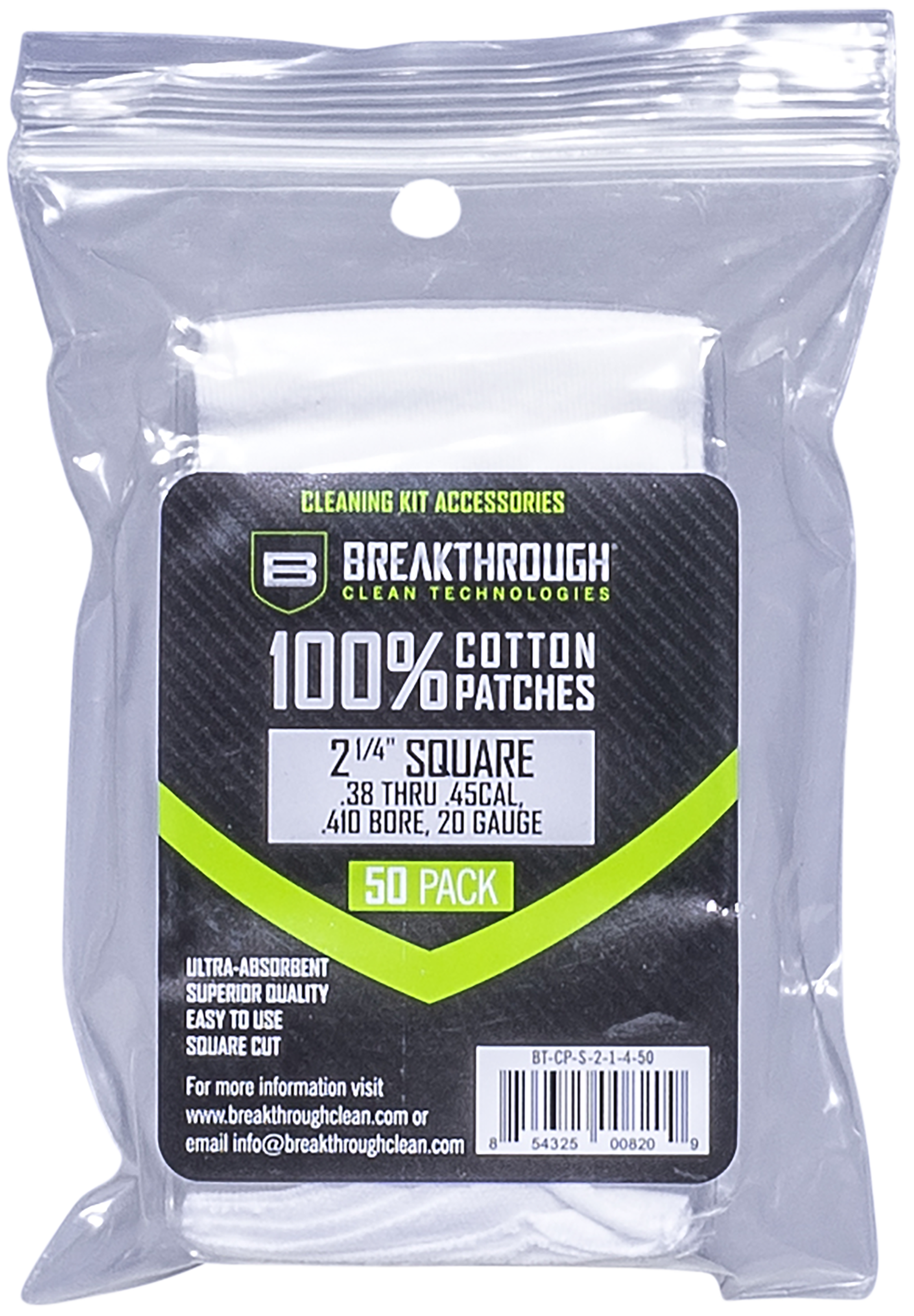 Breakthrough Clean Square Cleaning Patches 2.25" Cotton .38-.45 Cal / .410-20 Ga 50-Pack